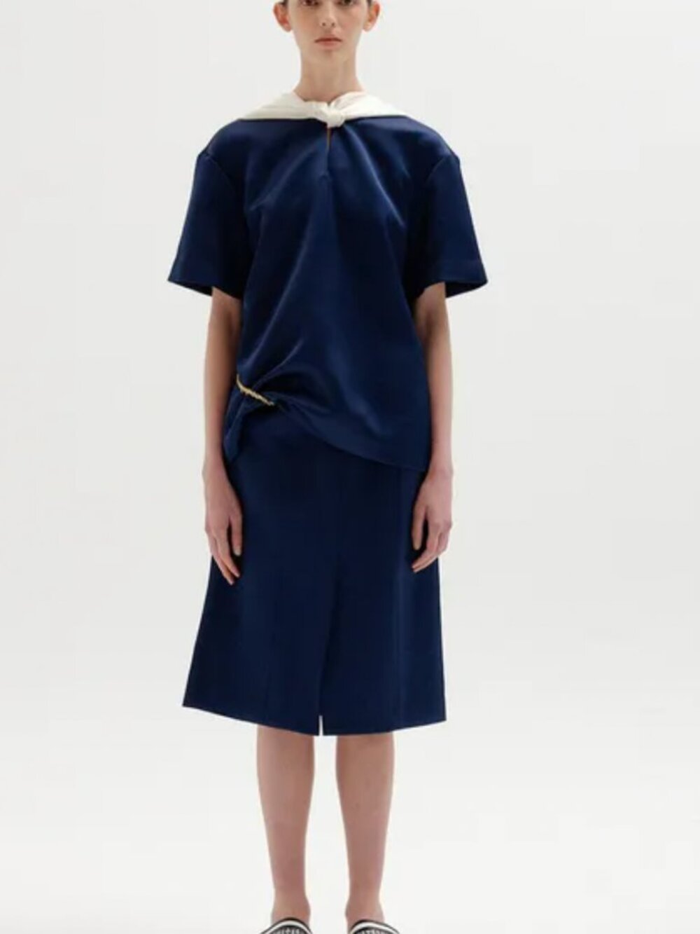 EENK Navy Scarfed Short Sleeve Top - Size XS